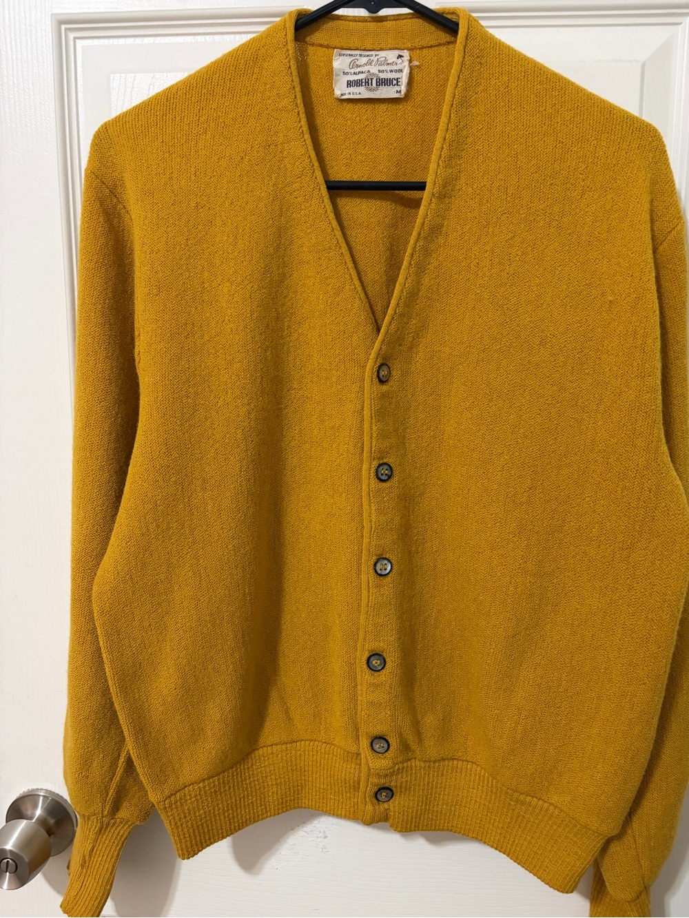VTG 60s Arnold Palmar Robert Bruce Alpaca Wool Mustard Cardigan Sweater M Men - Picture 1 of 14
